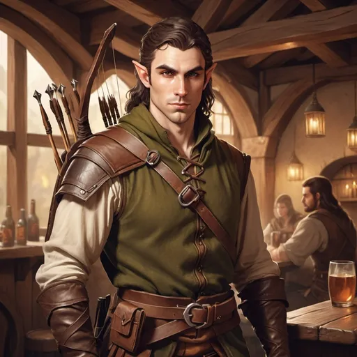 Prompt: rugged handsome male half elf ranger character holding a bow in a tavern , fantasy character art, illustration, dnd, warm tone