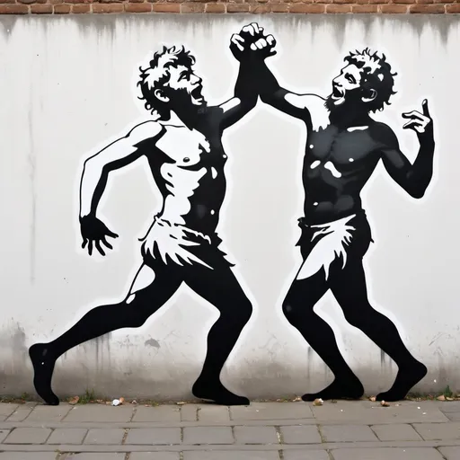 Prompt: Banksy style dancing satyrs, street art, stencil, satirical, black and white