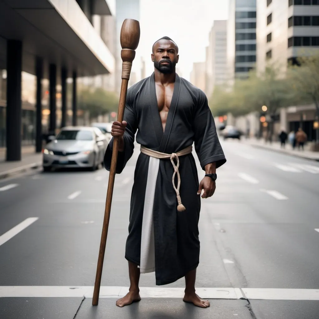 Prompt: full body strong rugged black man with bulging muscles wearing zen robes and holding a wooden staff. He stands in the middle of the street in a modern city