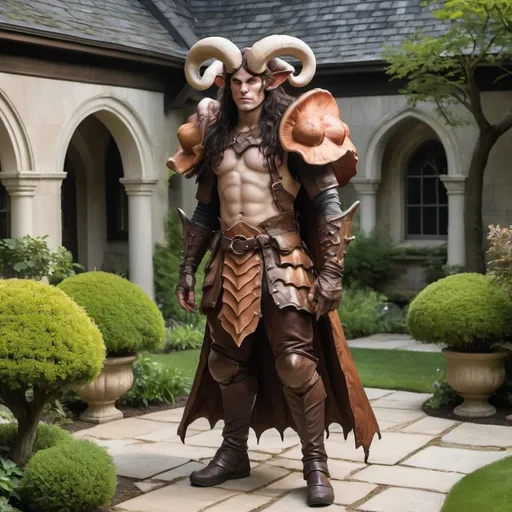 Prompt: Full body view of a strong 6 foot and 5 inches tall, 250 pound male tiefling mushroom druid with mottled tan skin, long wavy dark hair wearing leather armor is working in a garden in an open courtyard within a manor
