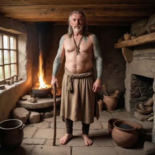 Prompt: a middle aged male healer with woad and bronze age tattoos on his skin is dressed in bronze age irish druid garb standing near the hearth in his dwelling house