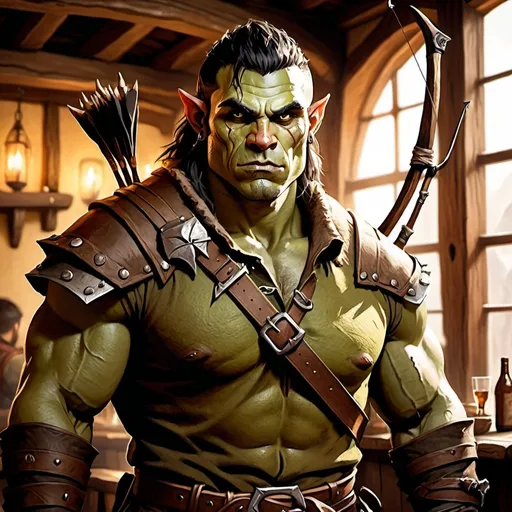 Prompt: rugged handsome male half orc ranger with tusks character holding a bow in a tavern , fantasy character art, illustration, dnd, warm tone