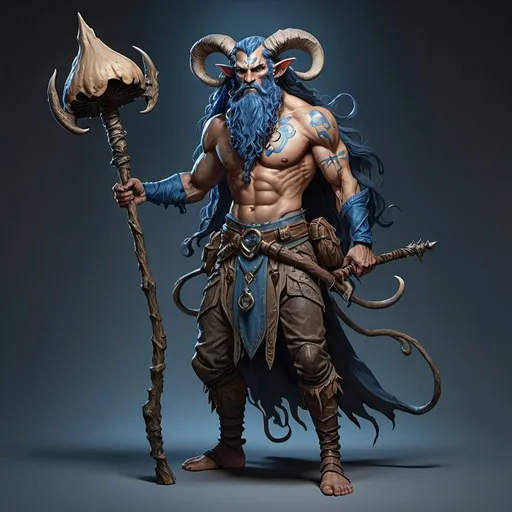 Prompt: Full body strong rugged 6 foot and 5 inches tall, 250 pound male tiefling mushroom druid with long dark hair, a blue beard, holding a quarterstaff 