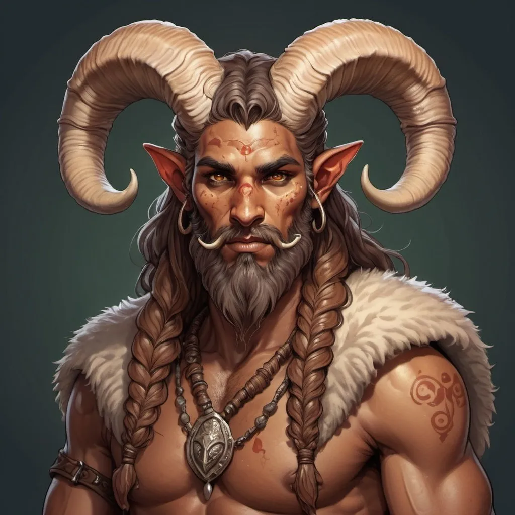 Prompt: Mushroom druid, tiefling, male, strong, mottled tan skin, ram horns, long beard in detailed illustration style
