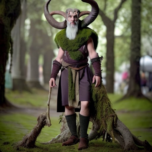 Prompt: Full body view of a strong 6 foot and 5 inches tall, 250 pound tiefling mushroom druid with a human head, ram horns, goat legs, mottled tan skin, long wavy dark hair with moss and sticks sticking out of it, wearing leather armor and standing near a tree in the middle of a medieval city