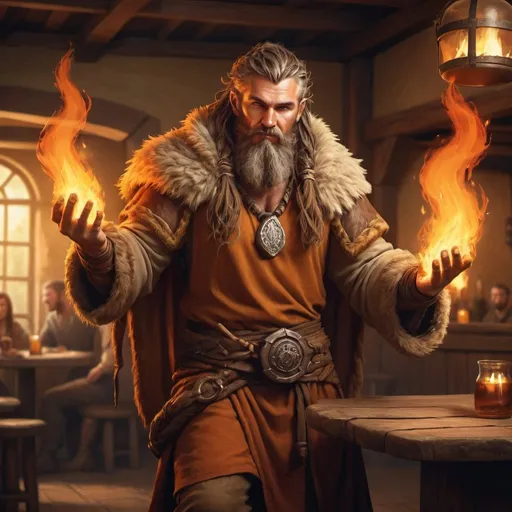 Prompt: full body hyper-realistic rugged male druid character with fire hands in a tavern, fantasy character art, illustration, dnd, warm tone