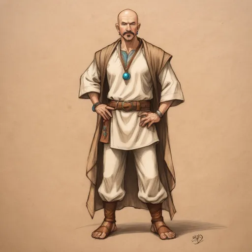 Prompt: full body sketch, middle aged human male druid, massage healer,mustache and goatee, shaved head,cotton pants and shirt,on light brown paper.Dungeons and dragons art, colored pencil detail texture