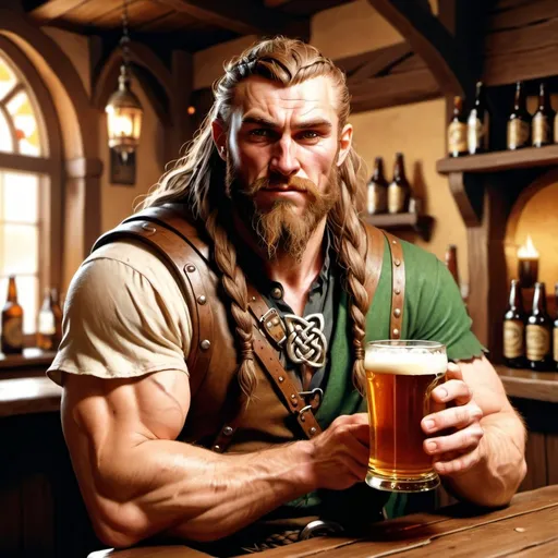 Prompt: full body muscular 30 year old handsome celtic male human druid weeping character holding a pint of ale in a tavern , fantasy character art, illustration, dnd, warm tone