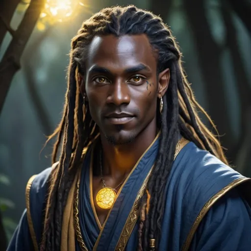 Prompt: a strong black male elven druid with glowing dark skin, shining golden eyes, long dreadlocks, and indigo robes