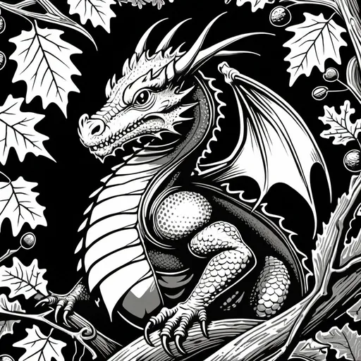 Prompt: woodcut style, handsome dragonling, oak leaf acorn background, black and white only