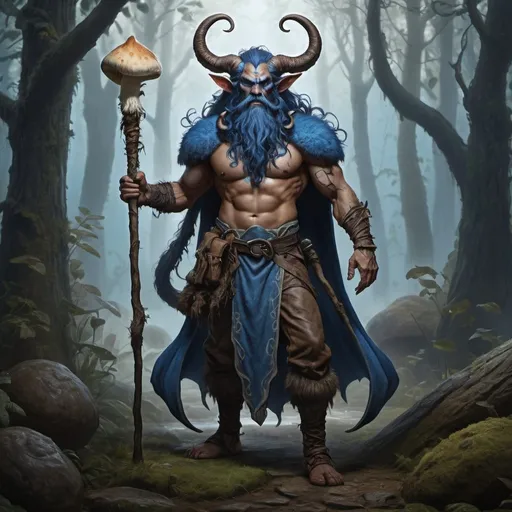 Prompt: Full body strong rugged 6 foot and 5 inches tall, 250 pound male tiefling mushroom druid with long dark hair, a blue beard, holding a quarterstaff 