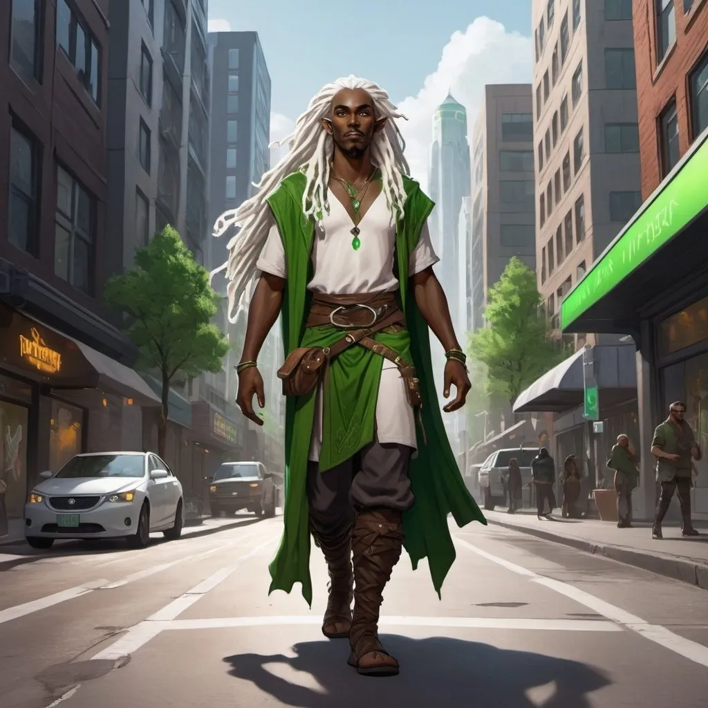 Prompt: full body d&d illustration of a dark skinned elven druid with bright green eyes, shining white dreadlocks and mustache floating above the street in a modern city. 