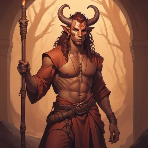 Prompt: male tiefling druid character holding a quarterstaff in an all male brothel , fantasy character art, illustration, dnd, warm tone