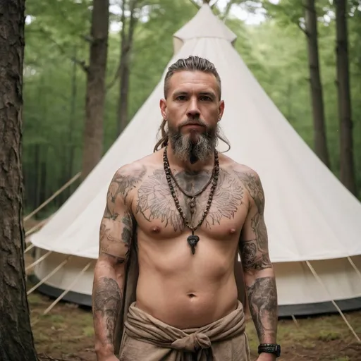 Prompt: a male massage therapist with many tattoos is dressed in stone age druid garb standing in the forest in front of his white canvas tent