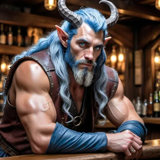 Prompt: a strong rugged 6 foot and 5 inches tall, 250 pound male tiefling druid with blue eyes, light blue skin, long wavy indigo hair and a full beard is scowling as he sits at the bar in a medieval pub with an ale in his hand. He is wearing only a leather vest with his bulging biceps exposed.