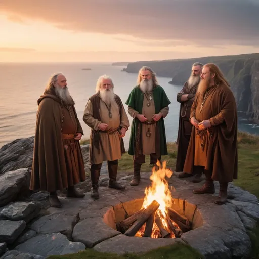 Prompt: a gathering of different aged male wizards are dressed in iron age irish garb standing near a fire near a cliff overlooking the ocean at sunset.
