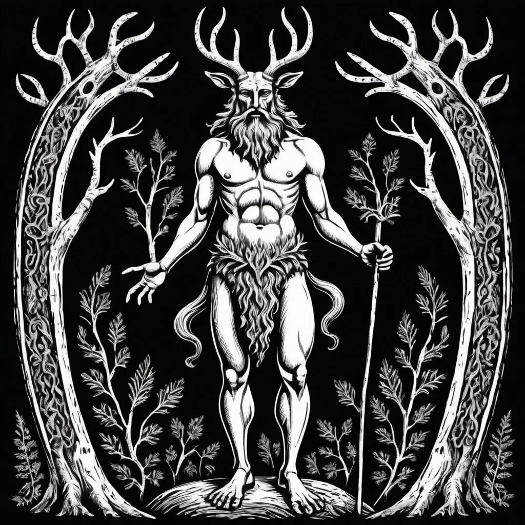 Prompt: woodcut style image, full body cernunnos, black and white