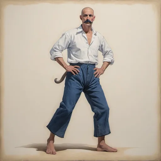 Prompt: full body, middle aged male, healer, horns, dark blue mustache and goatee, shaved head, tight blue pants, flowing white cotton shirt,on prepared canvas, gouache paint detail texture