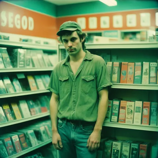 Prompt: Analog film photography still, portrait of a rugged male fae in a VHS store, grainy fujifilm film, anaglyph effect
