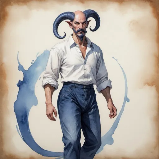 Prompt: full body, middle aged male tiefling, healer, horns, dark blue mustache and goatee, shaved head, tight blue pants, flowing white cotton shirt,on prepared canvas, watercolor paint detail texture