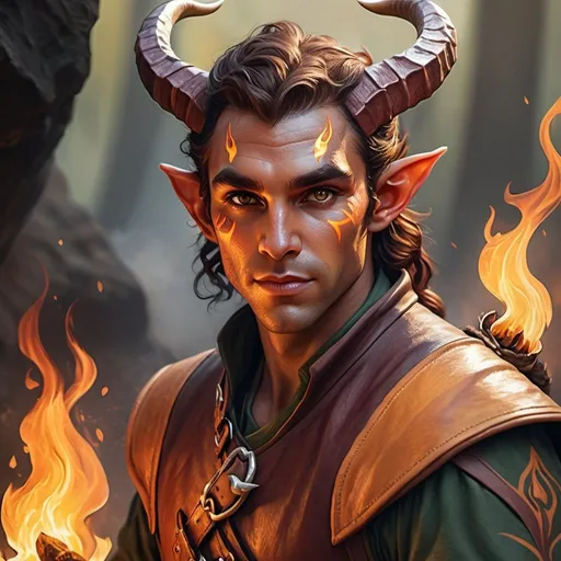 Prompt: hyper-realistic rugged male Tiefling-elf ranger character with fire hands, fantasy character art, illustration, dnd, warm tone