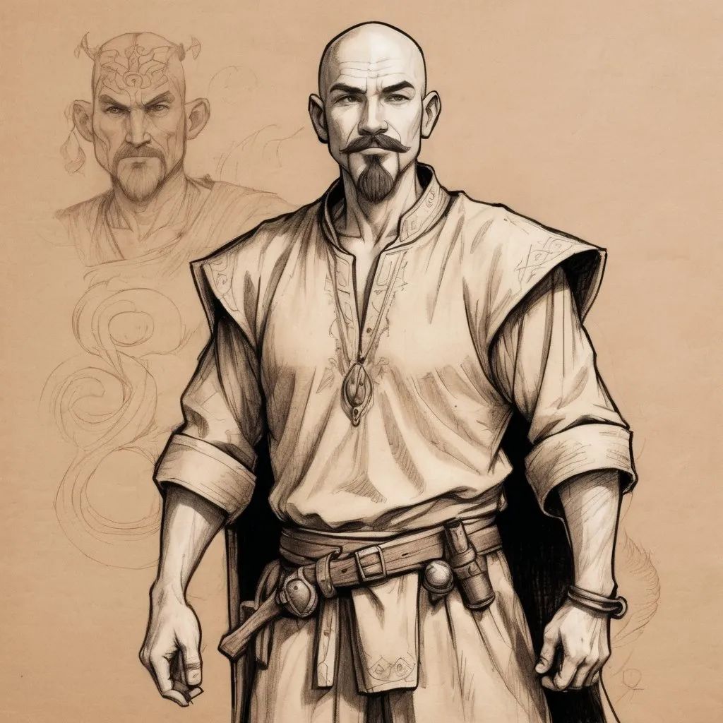 Prompt: full body sketch middle aged human male druid healer,mustache and goatee, shaved head,cotton pants and shirt,on light brown paper.Dungeons and dragons art, pencil detail texture