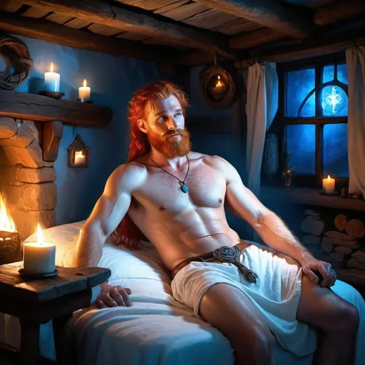 Prompt: a rugged male celtic shaman with red hair and beard dressed only in loose white cotton shorts has bright blue light glowing from his hands. He offers this light to a handsome man reclining on a small bed in a candlelit rustic medieval cottage fantasy 
art