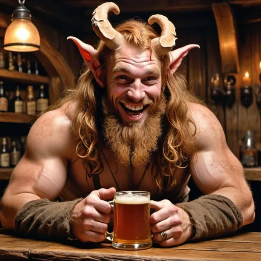 Prompt: a strong rugged 6 foot and 5 inches tall, 250 pound male tiefling mushroom druid with mottled tan skin, and long wavy ginger hair and beard wearing only a loincloth is laughing as sits at the bar in a medieval tavern with a mug of ale in his hands