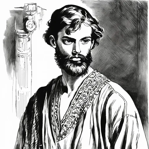 Prompt: Vintage clipart drawing of a young man with a beard wearing a tunic, black and white, ink drawing