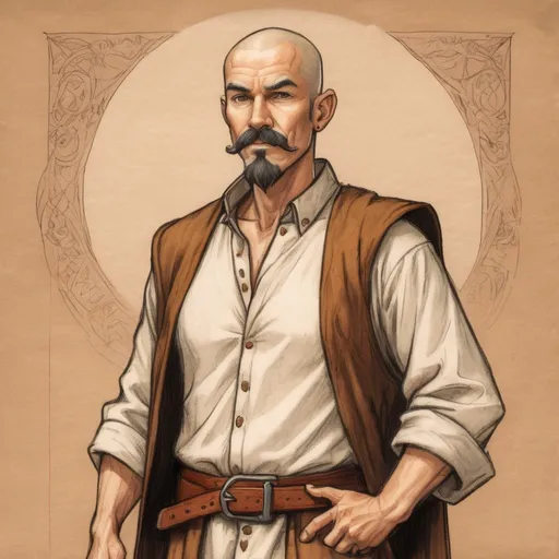 Prompt: full body sketch, middle aged human male druid, massage healer,mustache and goatee, shaved head,cotton pants and shirt,on light brown paper.Dungeons and dragons art, colored pencil detail texture