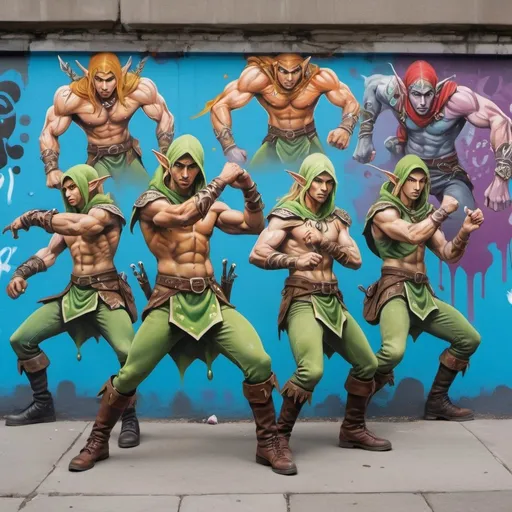 Prompt: a group of dancing muscular elven rangers, street art, graffitti, spray paint, dnd 