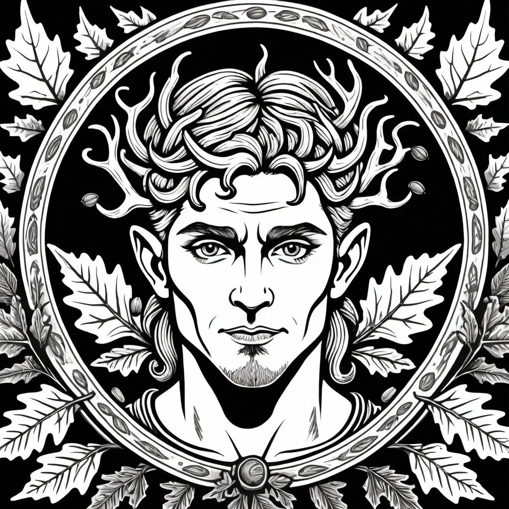 Prompt: woodcut style, handsome fae cernunnos, oak leaf acorn background, black and white only