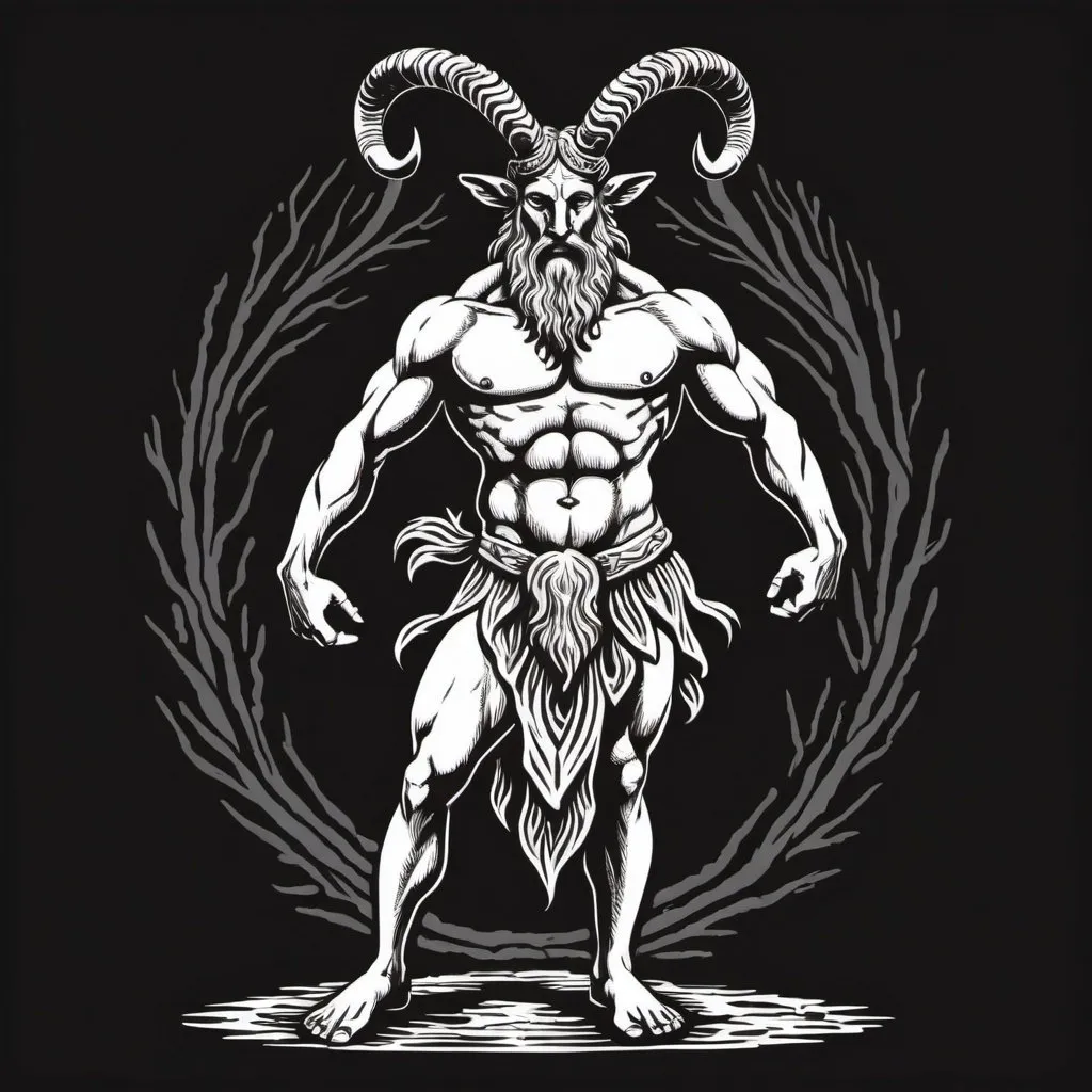 Prompt: woodcut style image, full body, strong cernunnos, loin cloth, black and white