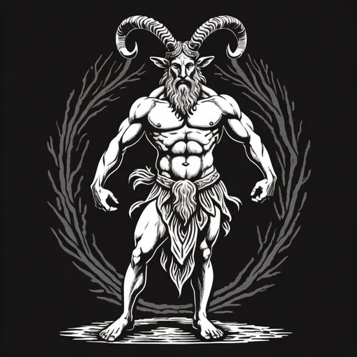 Prompt: woodcut style image, full body, strong cernunnos, loin cloth, black and white