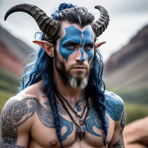 Prompt: a strong rugged 6 foot and 5 inches tall, 250 pound male tiefling druid with blue eyes, blue skin, long wavy indigo hair and a full beard is wearing only a loincloth. He has many runic tattoos covering his body