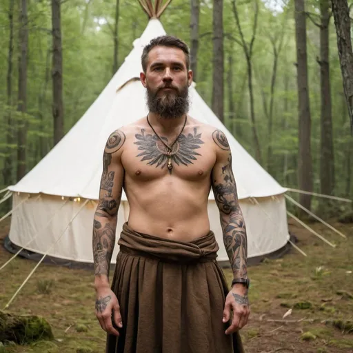 Prompt: a male massage therapist with woad and bronze age tattoos on his skin is dressed in bronze age druid garb standing in the forest in front of his white canvas tent