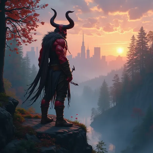 Prompt: Envision a rugged male tiefling druid standing on a craggy cliff, overlooking a  misty, urban forest in the midst of the city, under a twilight sky. His striking red skin glistens with the fading light, casting a warm glow against the cool hues of the encroaching night. Majestic jagged horns curl upward, silhouetted against the soft pastel colors of the sunset, creating an imposing yet serene figure. His piercing eyes, filled with wisdom and depth, scan the horizon as leaves swirl gently around him, caught in the breath of a whispering, autumn breeze. He is clad in earthy tones, with accentuating furs and leather that blend seamlessly into the wild surroundings. The atmosphere is charged with the energy of nature, as fireflies begin to flicker to life around him. Cinematic lighting captures this moment, highlighting his fierce yet contemplative nature.