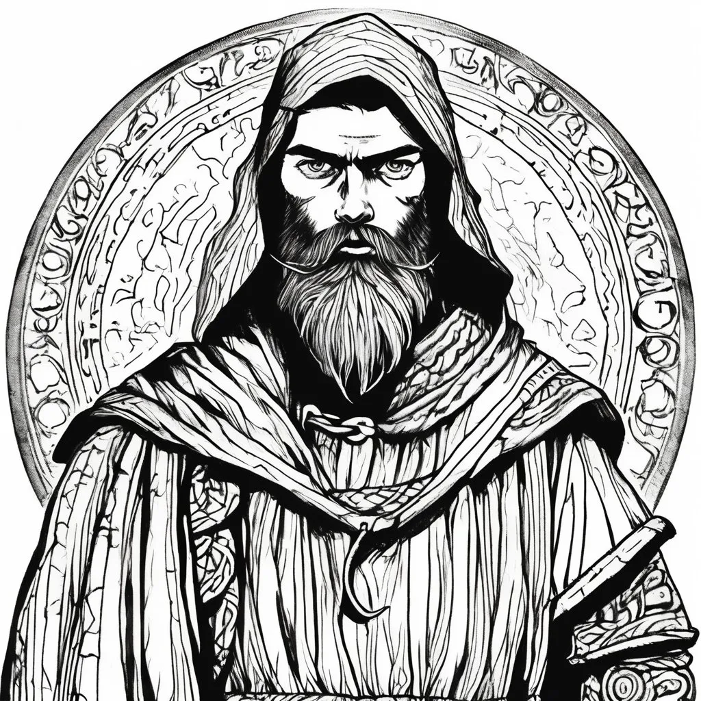 Prompt: Vintage clipart drawing of a young druid with a beard wearing druid robes armor, black and white, ink drawing