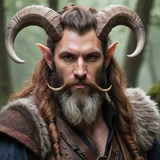 Prompt: rugged, tiefling, druid, scottish, majestic horns, strong, male long beard style