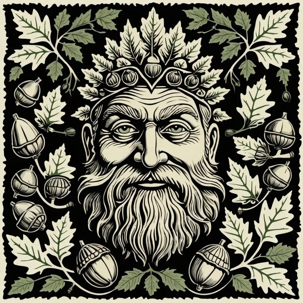 Prompt: woodcut style image, full body greenman, acorns, black and white