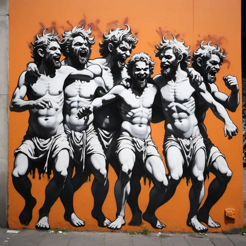 Prompt: a group of 8 dancing satyrs, street art, graffitti, spray paint 