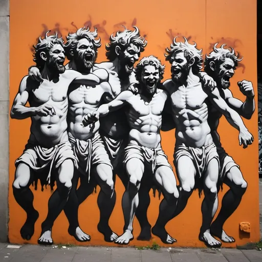 Prompt: a group of 8 dancing satyrs, street art, graffitti, spray paint 