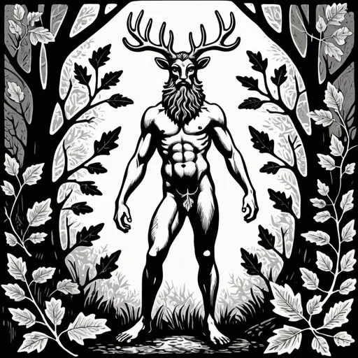 Prompt: vintage linocut style, full body, young cernunnos, oak leaf background, black and white only