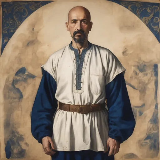 Prompt: full body, middle aged human male, medieval massage healer, dark blue mustache and goatee, shaved head,dark blue tight pants, flowing white cotton shirt,on prepared canvas,renaissance art, gouache paint detail texture