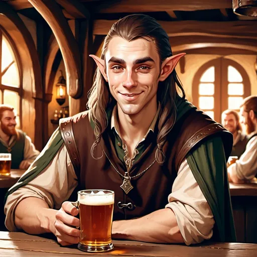 Prompt: thin young handsome male half elf wizard smirking character holding a pint of ale in a tavern , fantasy character art, illustration, dnd, warm tone