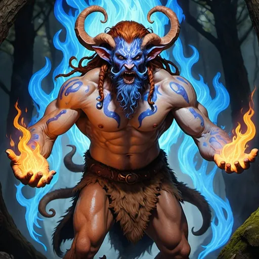 Prompt: a strong rugged 6 foot and 5 inches tall, 250 pound male tiefling mushroom druid with mottled tan skin, cloven hooves, and long wavy ginger hair and beard wearing only a loincloth stands with his arms outstretched as blue flames rise from his open palms