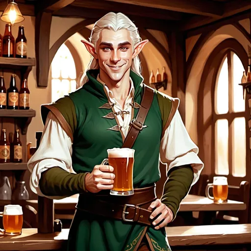 Prompt: full body muscular young handsome male elf wizard smirking character holding a pint of ale in a tavern , fantasy character art, illustration, dnd, warm tone