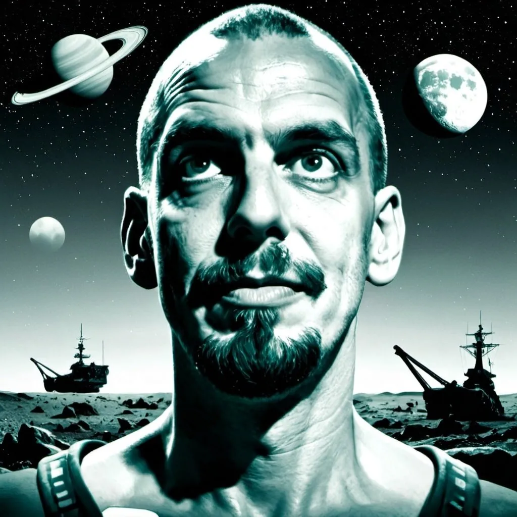 Prompt: propaganda poster illustration of a strong human male space explorer with a stern look on his face standing in front of his ship on an alien planet with two moons in the background