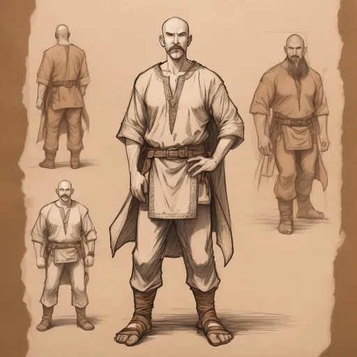 Prompt: full body sketch, middle aged human male druid, massage healer,mustache and goatee, shaved head,cotton pants and shirt,on light brown paper.Dungeons and dragons art, pencil detail texture