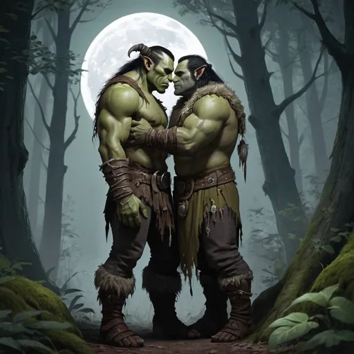 Prompt: fantasy, a rugged male orc and a slight male moon druid, full body, hugging in the forest together